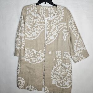 Chico's Women's Linen Blend Open Front Jacket Size 3 LPaisley Floral Print Beige
